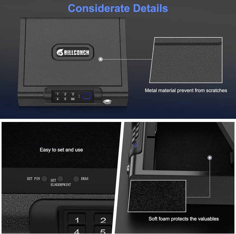 BILLCONCH Biometric Gun Safe for Pistols 3-Ways unlock Fingerprint Digital PIN Key Unlock Handgun Safe with Sound, Lock box for Cloakroom living room Bedroom Nightstand and Car - Image 4